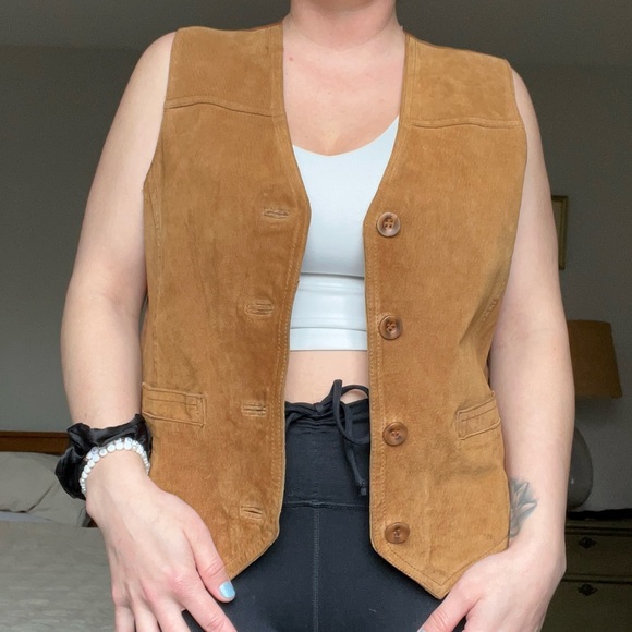 Western Suede Leather Camel Tan Vest Coastal Cowgirl Vintage Leather Vest - Picture 7 of 12